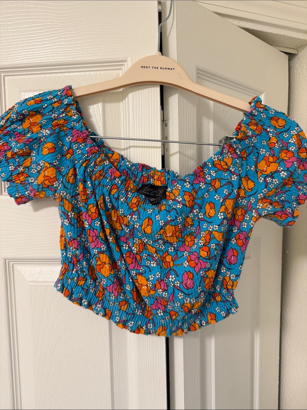 Topshop Turquoise Floral Puff-Sleeve Shirred Crop Top